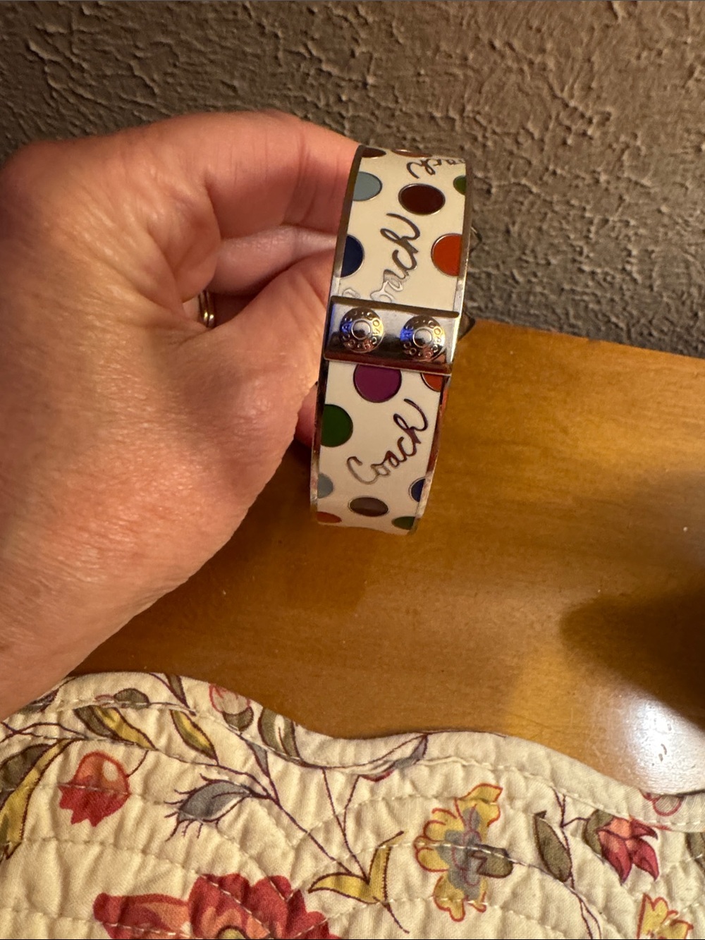 Coach White Enamel Polka Dot Bangle with Silver Hardware